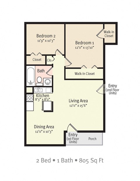 Floor plan for 2 beds, 1 bath, 805 sqft
